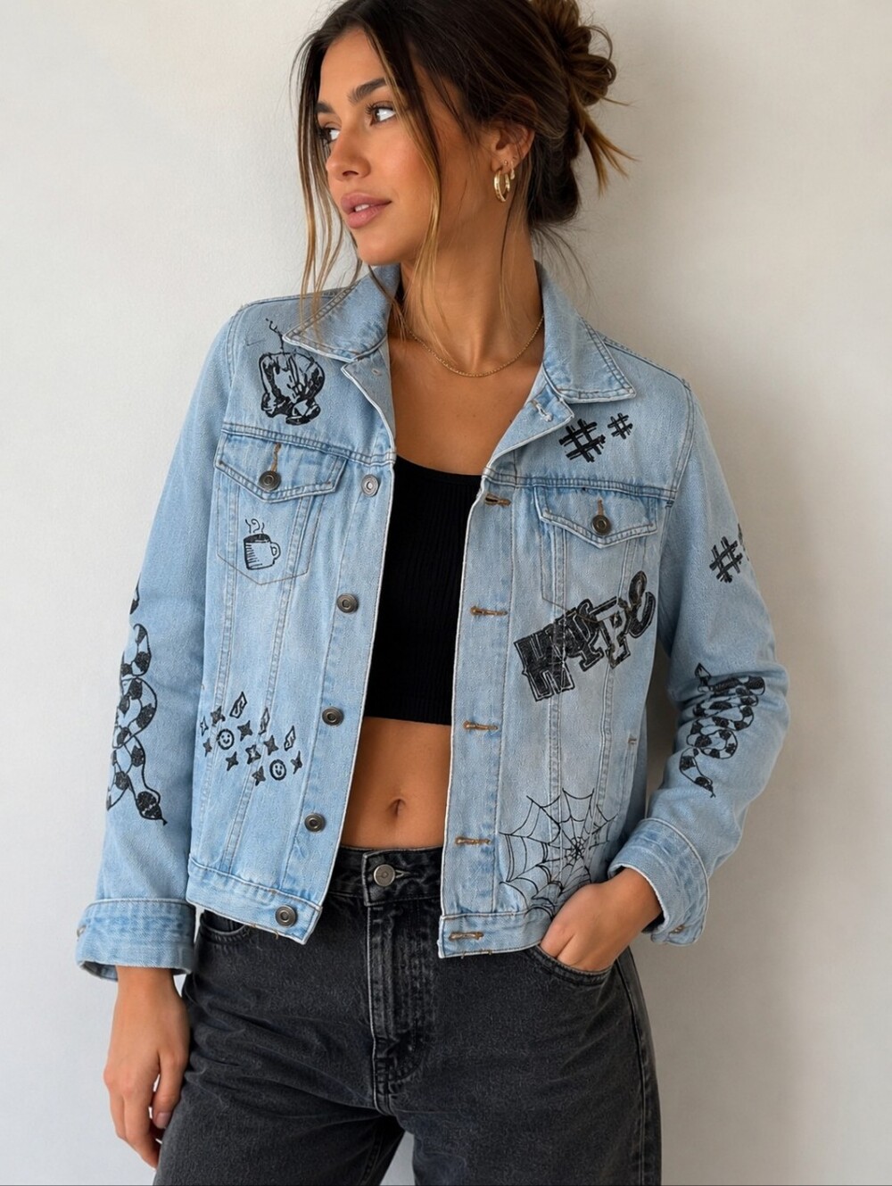 Carbon Custom Doodle Art Denim Jacket Small Light Wash Graphic Trucker Jacket